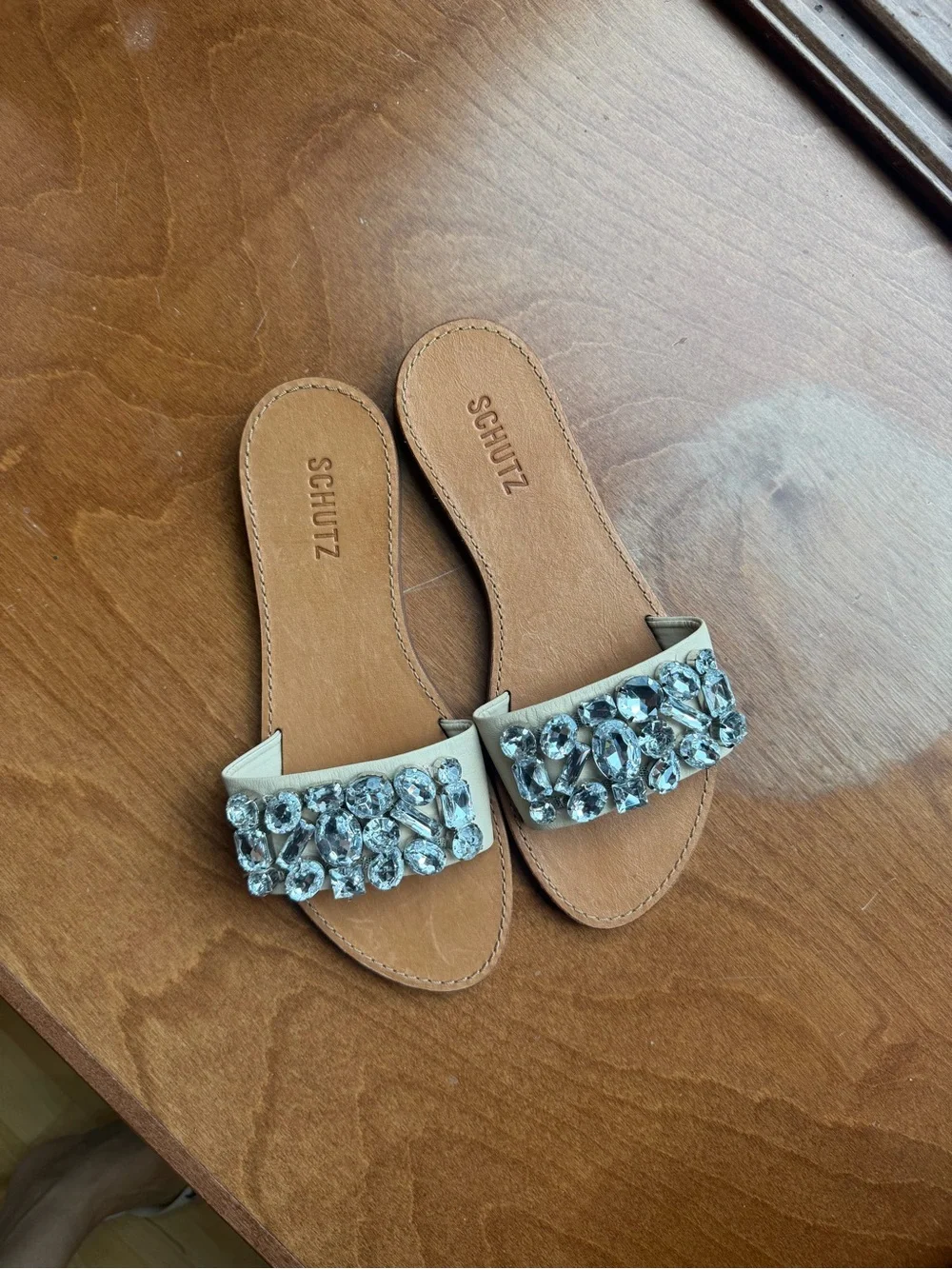 SCHUTZ Ivory Jeweled Slide Sandals